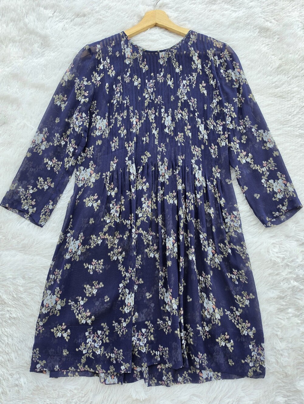 Club Monaco Coriss Silk Floral Pleated Pintuck Long Sleeve Mini Swing Dress